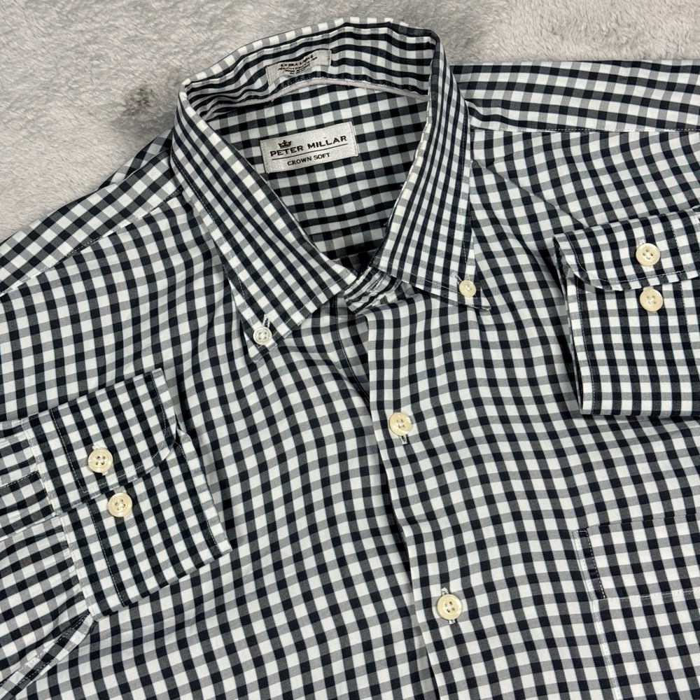Peter Millar Button Down Mens XL Black Gingham Crown Soft Cotton Silk Shirt